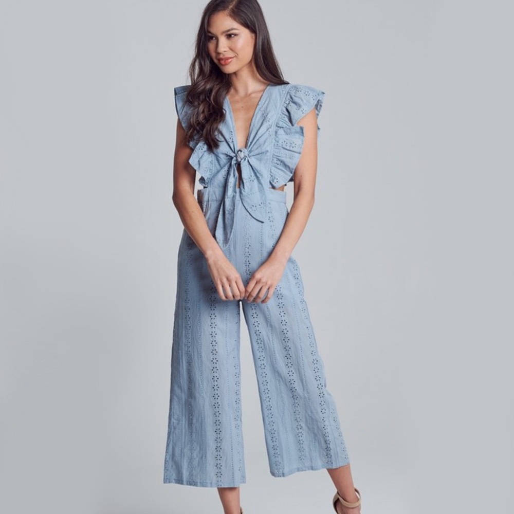 NEW! Ruffle Sleeve Open Back Empire Waist Jumpsuit - Picture 4 of 7